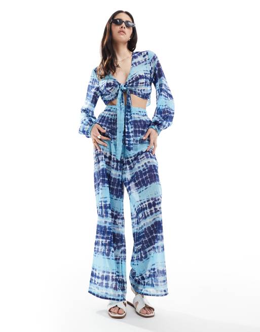 Wednesday's Girl - Pantalon de plage large d'ensemble à imprimé batik - Bleu
