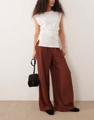 Pantalon large avec liens à la taille - Marron-Brown L