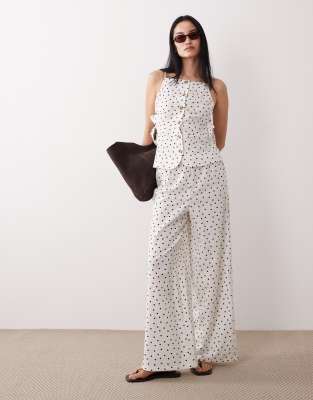 Pantalon large d'ensemble à pois avec liens à nouer - Blanc S