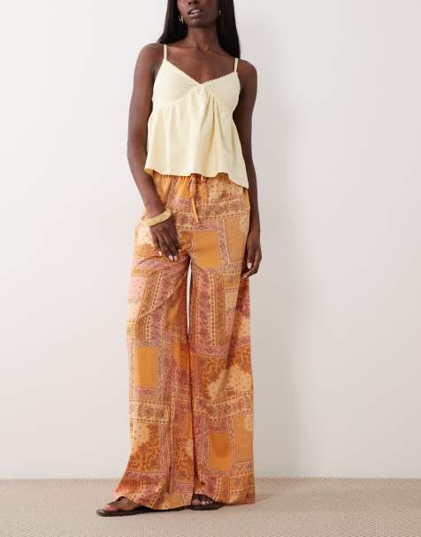 Wednesday's Girl - Pantaloni a fondo ampio con allacciatura e stampa cachemire astratta arancione - view 1