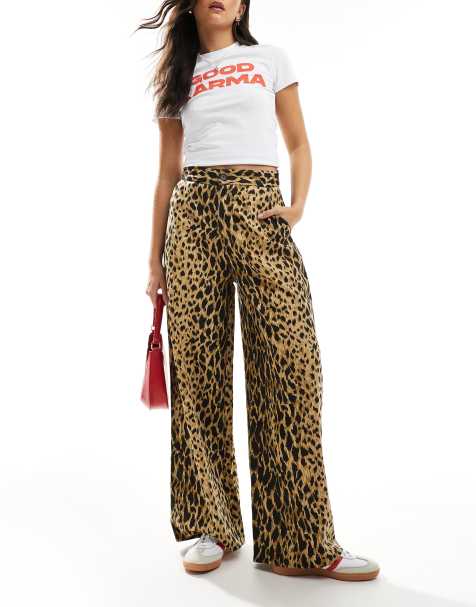 Wednesday's Girl - Pantaloni a fondo ampio in twill color cuoio con stampa leopardata - view 1