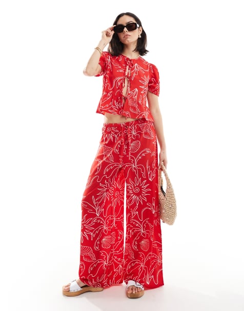 Wednesday's Girl - Pantaloni a fondo ampio rossi con stampa soleil in coordinato - view 1