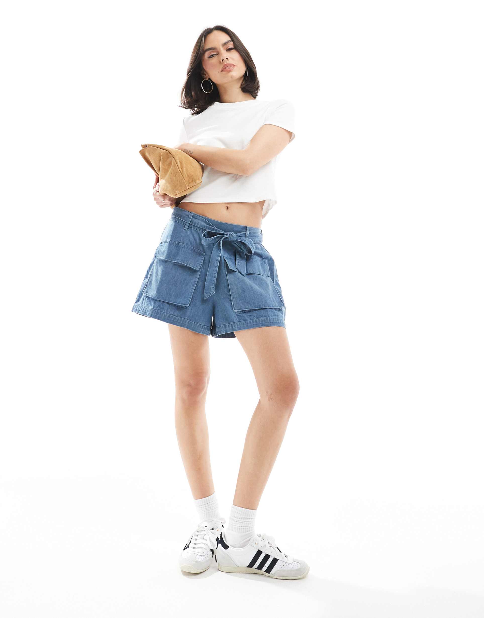 wednesday's girl paperbag waist chambray shorts in blue