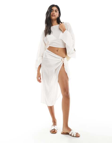 Wednesday's Girl - Pareo da spiaggia stile gonna effetto lino color avorio in coordinato - view 1