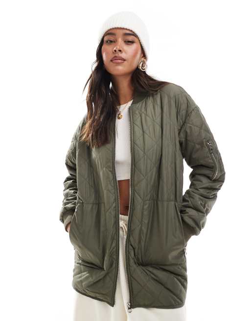 Wednesday's Girl – Pikowana kurtka bomberka o wydłużonym fasonie w kolorze khaki