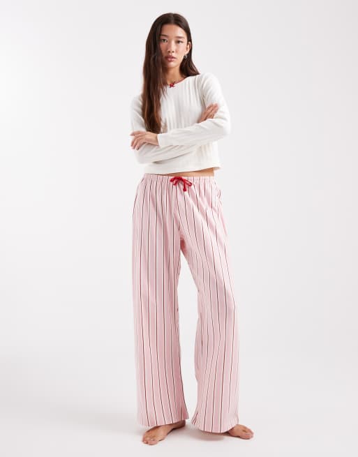 Wednesday's Girl - Pink stribet pyjamassæt med langærmet top og bukser i pointelle