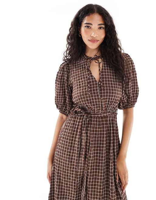 Wednesday's Girl plaid print tie-waist midaxi dress in brown | ASOS