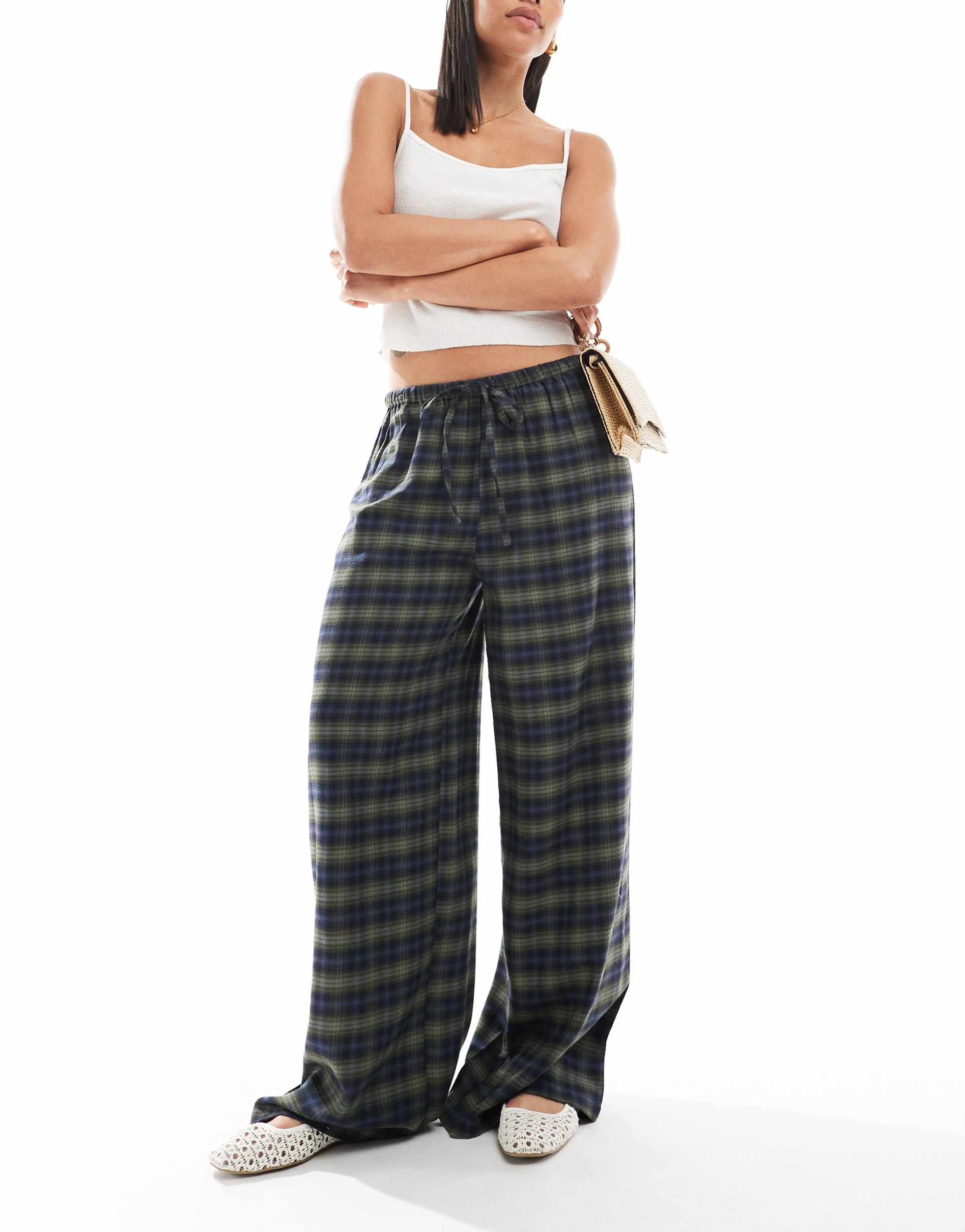 wednesday's girl plaid print wide leg pants in green and navy