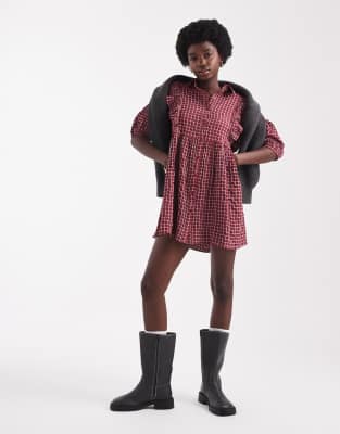 plaid ruffle detail mini smock dress in dark red