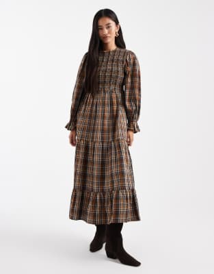 Wednesday's Girl plaid shirred detail midaxi smock dress in multi