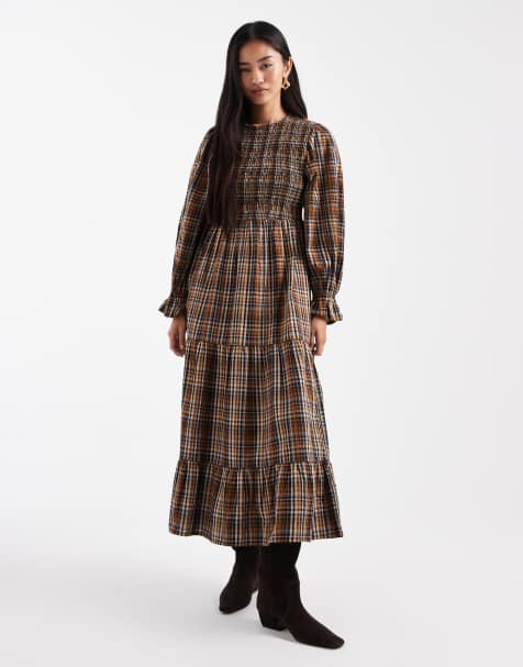 Wednesday's Girl plaid shirred detail midaxi smock dress in multi - view 1