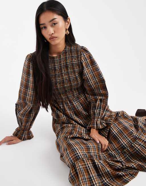 Mini Dress Plaid Smock Dress Wednesday's Girl Plaid Shirred Detail Midaxi  Smock Dress In Multi
