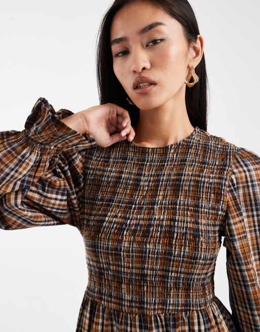 Wednesday's Girl plaid shirred detail midaxi smock dress in multi