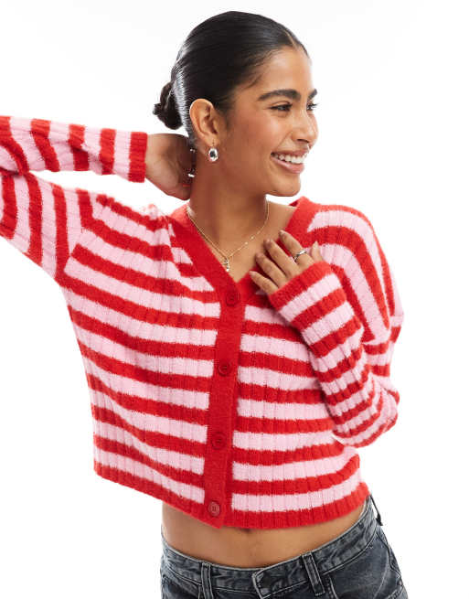 Wednesday's Girl - Pluizig gestreept vest in rood en roze