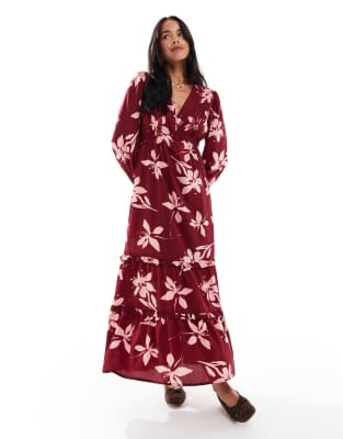 Wednesday's Girl plunge front floral print midaxi dress in burgundy-Red