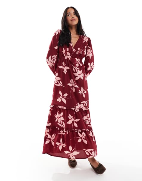 Wednesday's Girl plunge front floral print midaxi dress in burgundy - view 1
