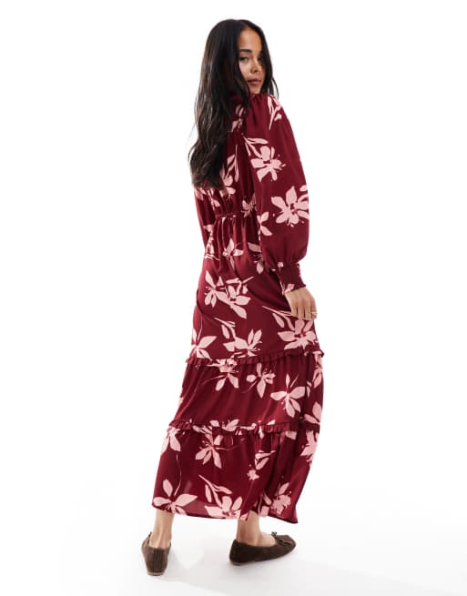 Wednesday's Girl plunge front floral print midaxi dress in burgundy, 2 of 4