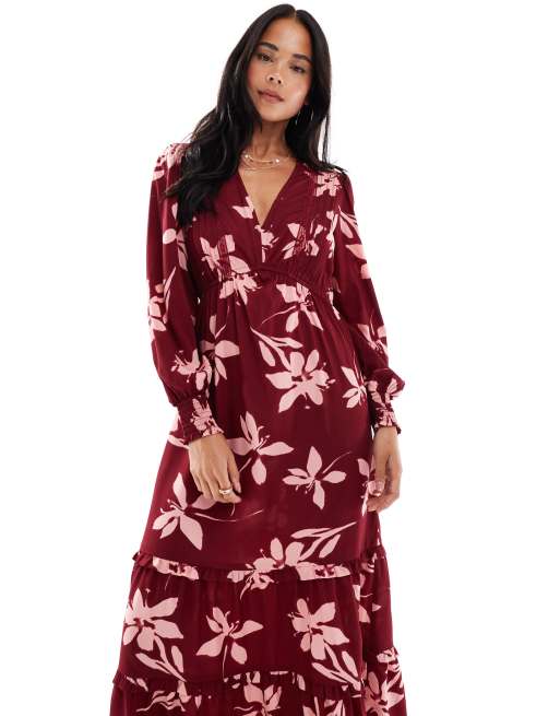 Wednesday's Girl plunge front floral print midaxi dress in burgundy, 3 of 4