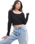 [Wednesday's Girl] Wednesday's Girl pointelle rosette detail square neck long sleeve top in black M BLACK