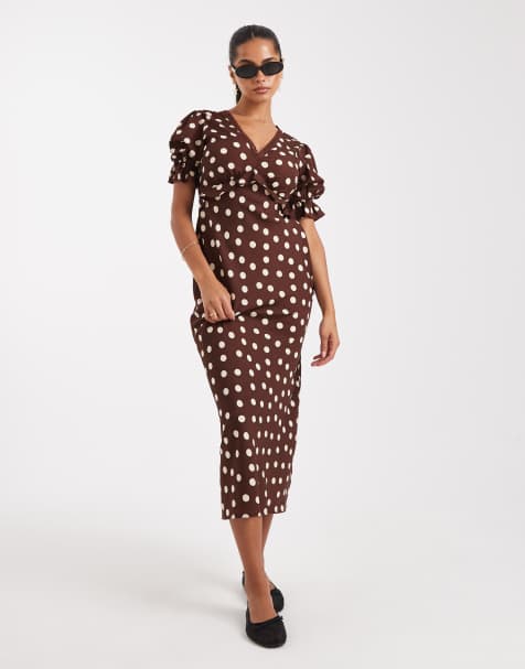 Wednesday's Girl polka dot midaxi dress in brown - view 1