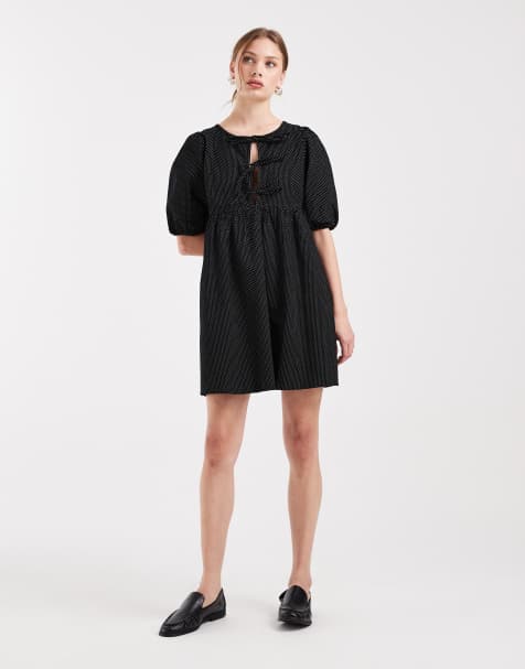 Wednesday's Girl polka dot print button detail mini smock dress in black - view 1