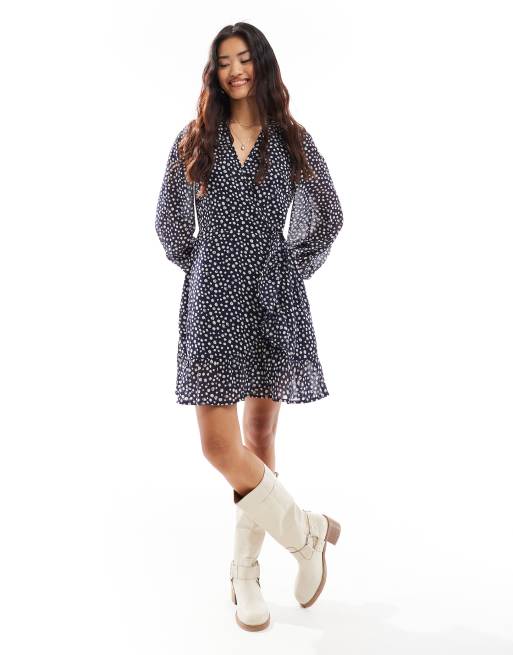 Polka dot ruffle wrap dress online