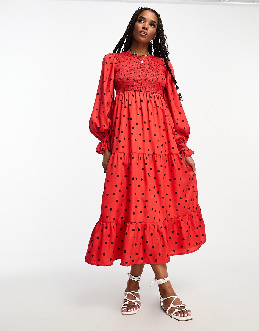 Wednesday’s Girl polka dot shirred detail tiered midaxi dress in red