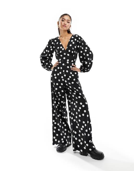 Wednesday s Girl polka dot v neck jumpsuit in black