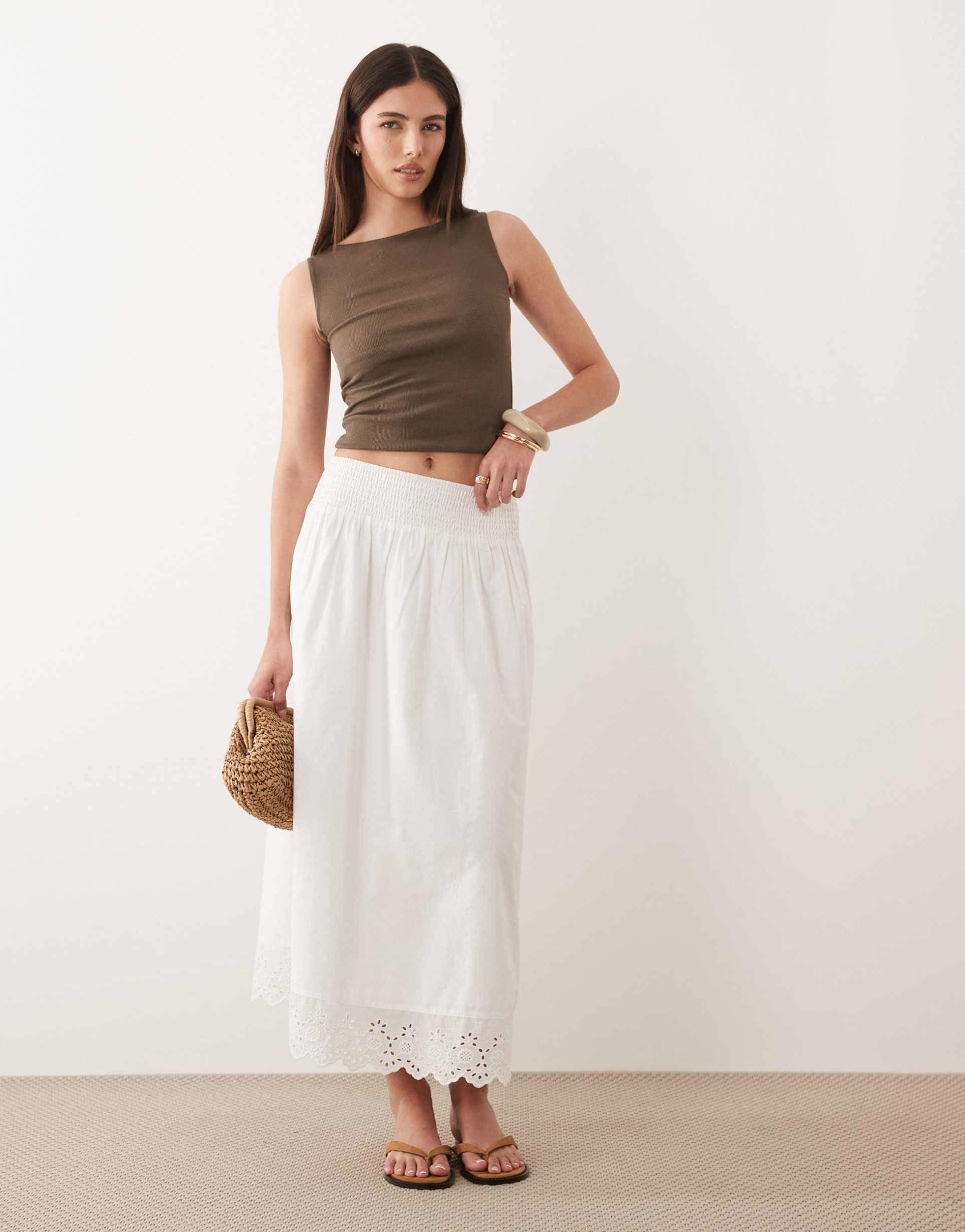 wednesday's girl poplin ruffle edged midaxi skirt in crisp white