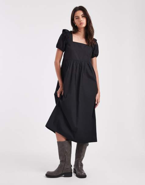 Wednesdays Girl poplin ruffle tie back midaxi dress in black 