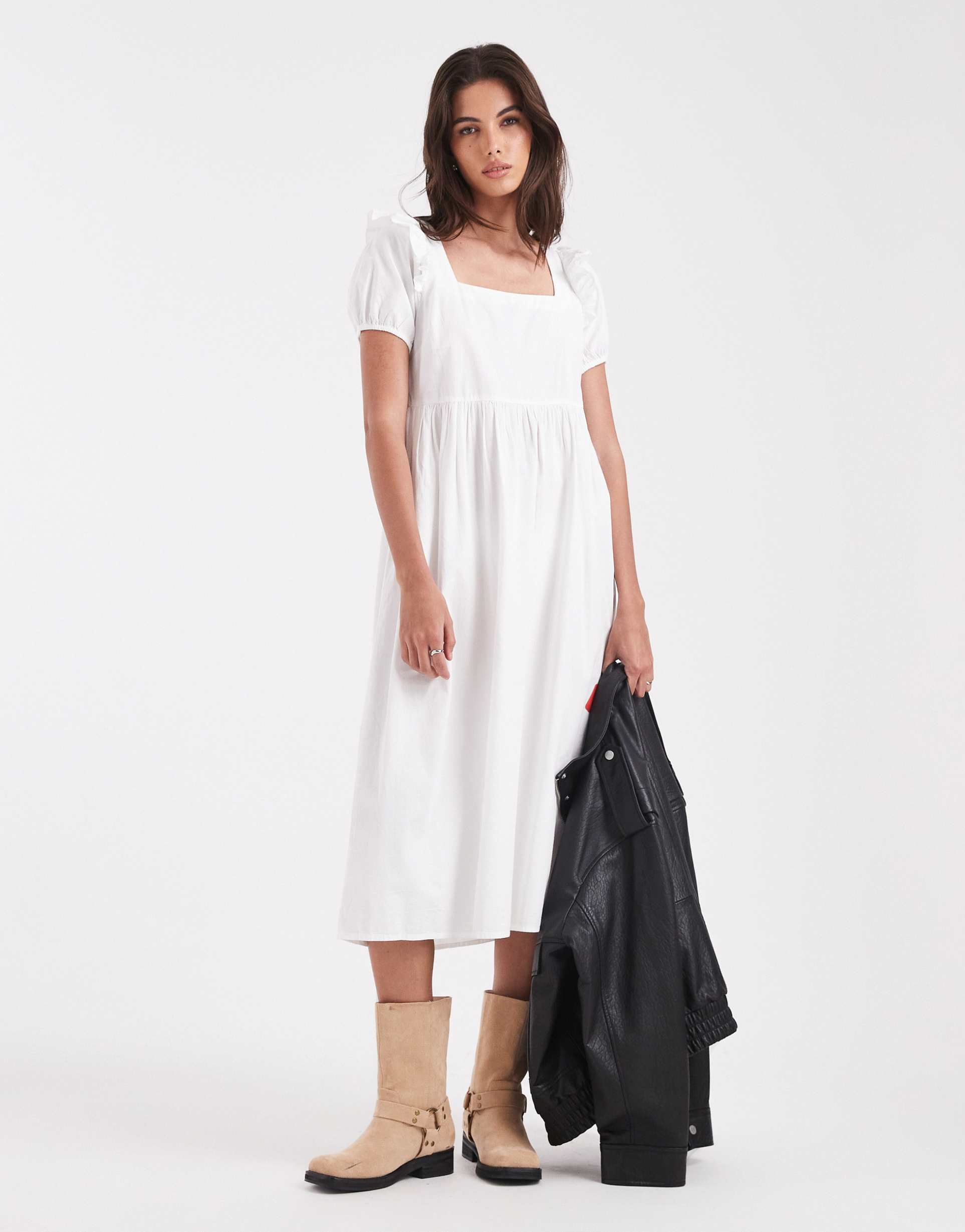 wednesday's girl poplin ruffle tie back midaxi dress in white