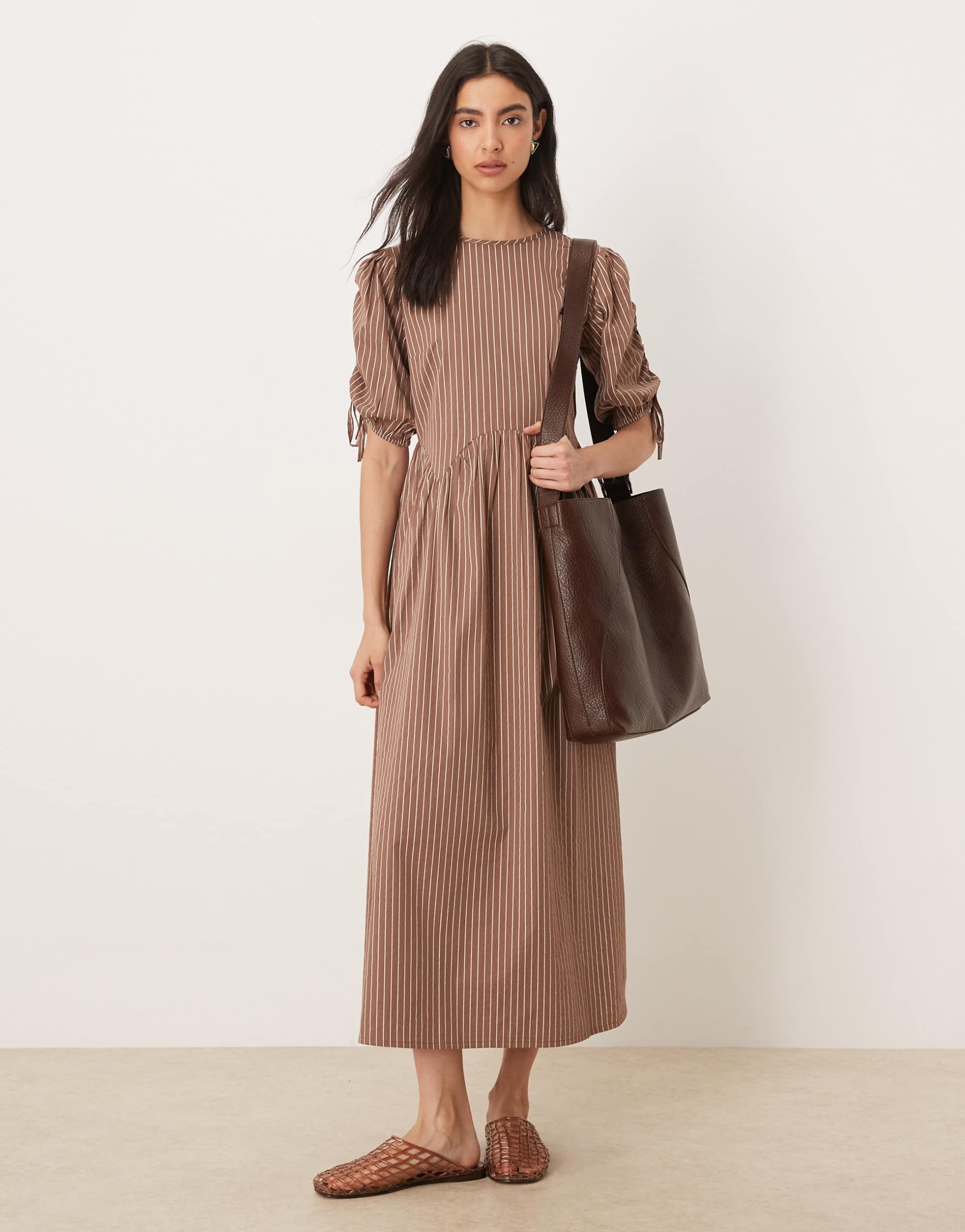 wednesday's girl print tie-shoulders midaxi dress in brown stripes