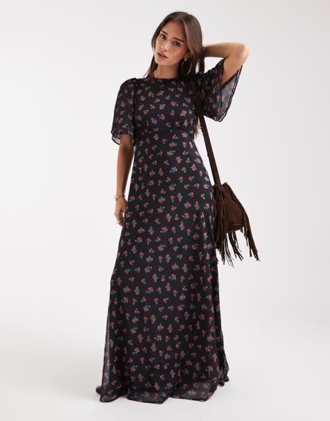 Wednesday's Girl printed high neck ruffle sleeve maxi dress in black ditsy floral - view 1
