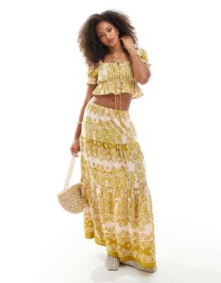 Wednesday's Girl printed puff sleeve croppred blouse co-ord in pink and green - view 1