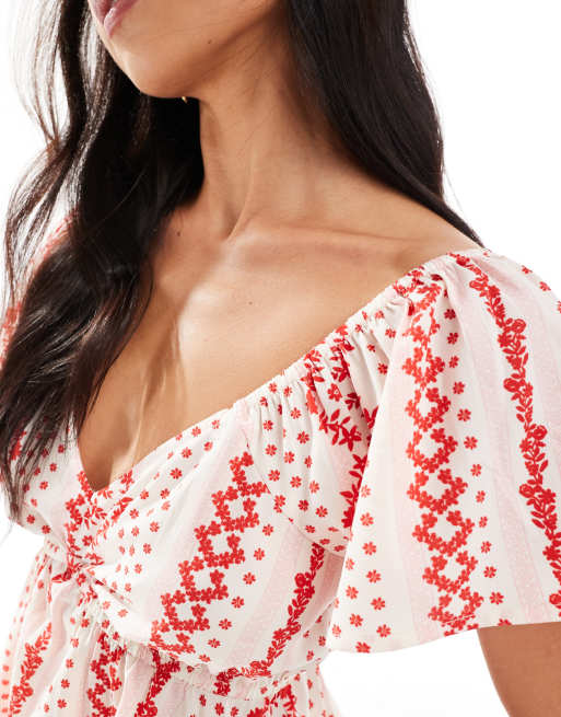 Wednesday's Girl printed stripe puff sleeve top in pink