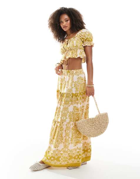 Wednesday's Girl printed tiered maxi skirt in pink and green (part of a set) - view 1