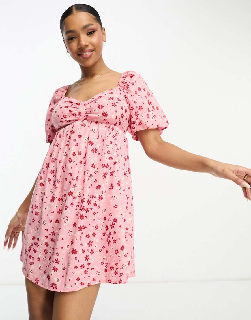 Wednesday's Girl Puff Sleeve Ditsy Floral Print Mini Dress In Pink