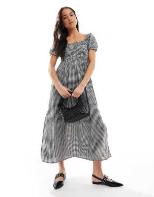 puff sleeve gingham midaxi dress in black