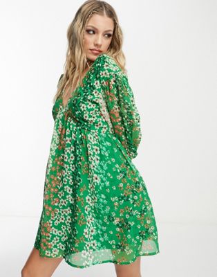 Wednesday's Girl puff sleeve mini smock dress in green patchwork