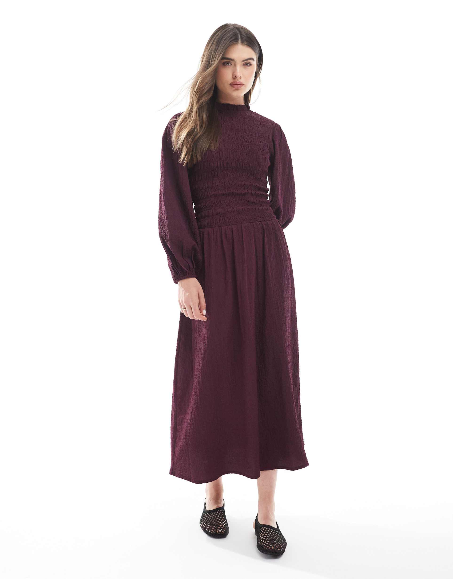 wednesday's girl puff sleeve shirred detail midaxi dress in deep purple