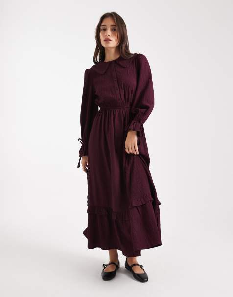 Wednesday's Girl puff sleeve shirred detail midaxi dress in deep purple - view 1