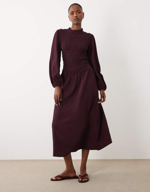 Wednesday's Girl puff sleeve shirred detail midaxi dress in deep