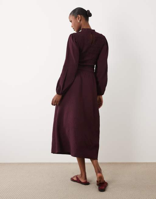 Wednesday's Girl puff sleeve shirred detail midaxi dress in deep