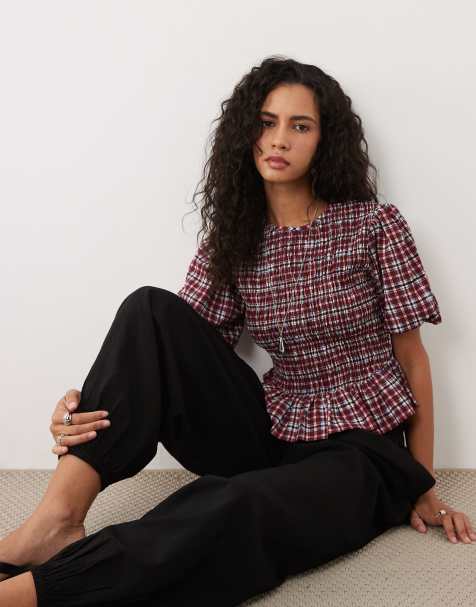 Wednesday's Girl puff sleeve shirred top in burgundy check - view 1