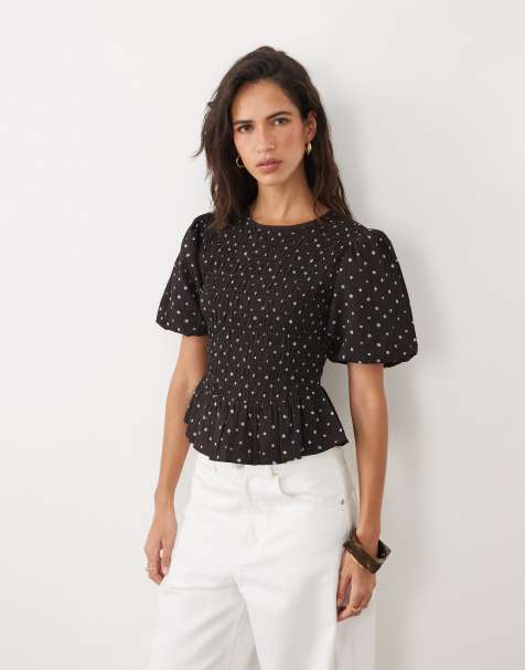 Wednesday's Girl puff sleeve smock top in brown polka dot - view 1