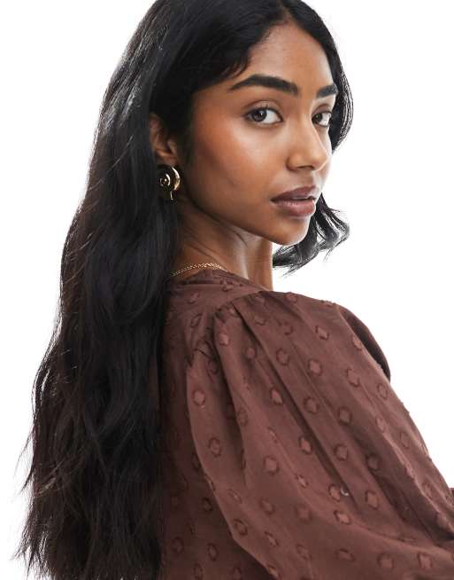Wednesday's Girl puff sleeve textured smocked mini dress in brown