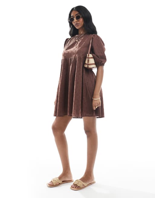 Wednesday's Girl puff sleeve textured smocked mini dress in brown