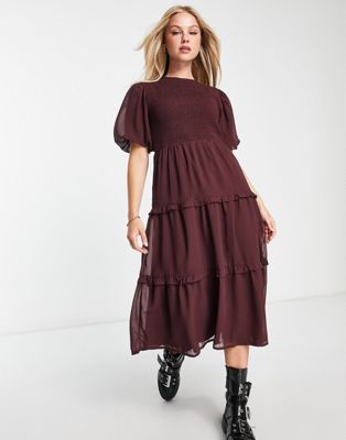 Wednesday's Girl puff sleeve tiered midi dress in plum brown
