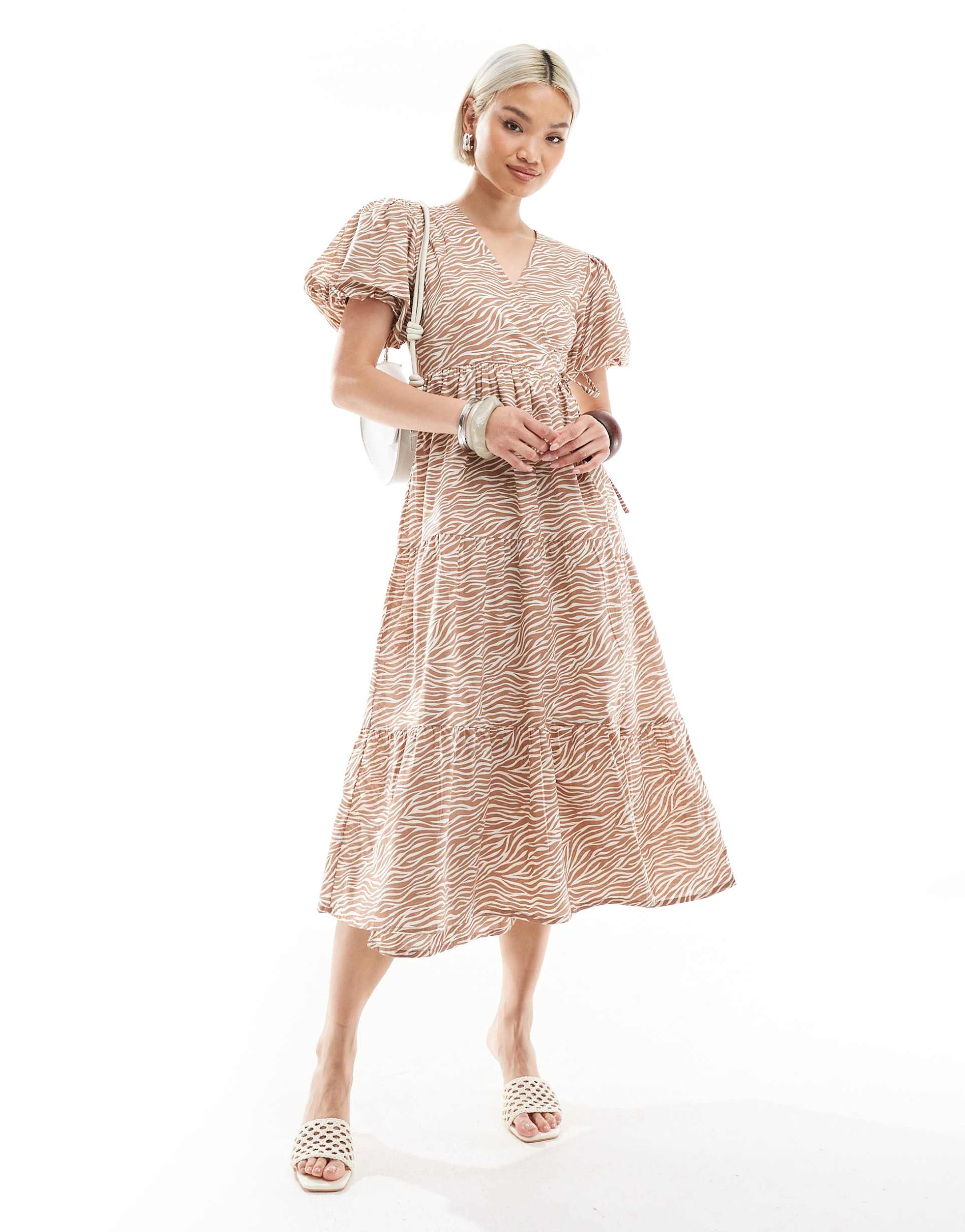 wednesday's girl puff sleeve tiered midi wrap dress in brown zebra print