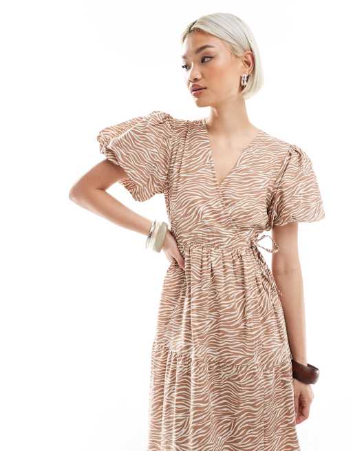 Wednesday's Girl puff sleeve tiered midi wrap dress in brown zebra